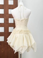 Halter Neck Lace-up Flower Pleated Mini Dress