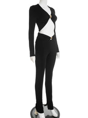 Black Metal Buckle Crop Top And High Waist Pants Set