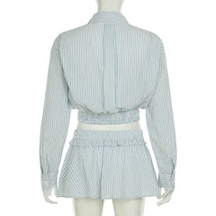 Striped Long-sleeved Cropped Shirt And Mini Skirt Two Piece Set