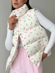 Floral Open Stitch Printed Puffer Vest