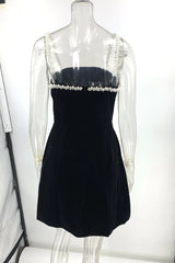Pearl Strap Velvet Black Mini Dress