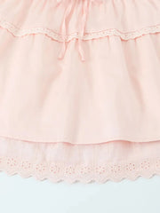 Pink Lapel Short Sleeve Top And Mid Waist Bow Skirt Set