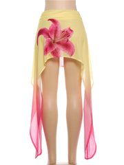 Yellow Flower Print Tassel Mesh Mini Skirt