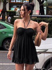 Black Tie Up Frill Babydoll Mini Dress