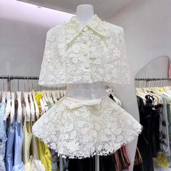 White Lace Embroidery Collar Short Sleeve Crop Top And High Waist Mini Skirt Set