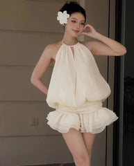 Halter Backless Top And Low Waist Ruffle Skirts Set
