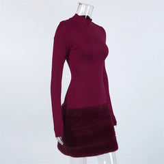 Red Turtleneck Long Sleeve Fur Patchwork Mini Dress