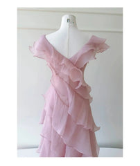 Pink Butterfly Sleeve Asymmetrical V-neck Tiered Ruffle Midi Dress