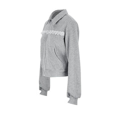 Grey Lace Trim Zipper Sweatshirt