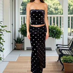 Black Polka Dot Print Strapless Crop Tube Top and Long Skirt Set