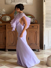 Purple Ruffle Neck Mesh Maxi Dress