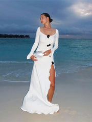 Irregular Side Split Ruched 3d Flower Full Sleeve Dress