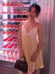 Yellow Lace Patchwork Spaghetti Strap Mini Dress