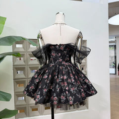 3D Flower Embellished Floral Print Tulle Mini Dress