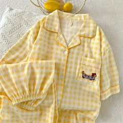 Yellow Embroidery Plaid Dachshund Pajama Set