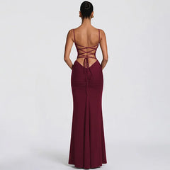 Solid Backless Lace-up Spaghetti Strap Maxi Dress