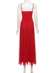 Red Strap Mesh Patchwork Maxi Dress
