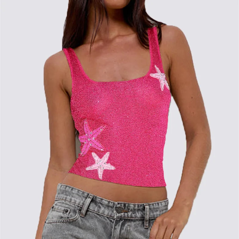 Women's Y2K sequined star patchwork cropped tank top.