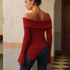 Red Knit Long Sleeve Off Shoulder Lettuce Edge Top