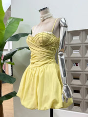 Spaghetti Strap Beaded Bust Ruched Waist Puff Hem Corset Mini Dress