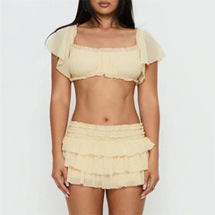 Ruffled Off-the-Shoulder Crop Top and Tiered Mini Skirt Set