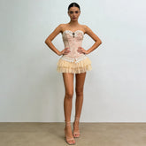 Strapless Lace Fitted Corset Tulle Mini Skirt Set