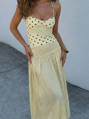 Polka Dot Patchwork Print Halter Maxi Dress