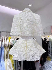White Lace Embroidery Collar Short Sleeve Crop Top And High Waist Mini Skirt Set