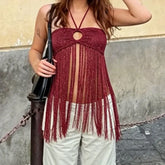 Fringe Tassel Halter Knit Ring Cutout Top