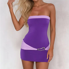 Colour Block Strapless Metal Buckle Mini Bodycon Dress