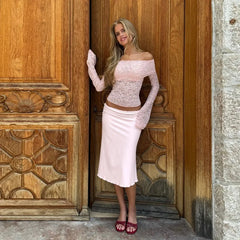 Pink Lace Off Shoulder Crop Top And Midi Skirt Set