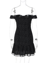 Black Off Shoulder Neck Polka Dot Mini Dress