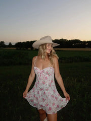 Pink Floral Bow Mesh Cami Mini Dress