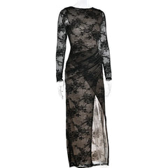 Black Lace Patchwork Split Maxi Dress