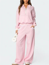 Lace Trim Long Sleeve Collared Sweatshirt with Front Pocket and Wide Leg Sweatpants Set