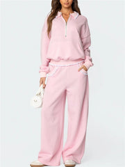 Lace Trim Long Sleeve Collared Sweatshirt with Front Pocket and Wide Leg Sweatpants Set