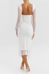 White Mesh Ruffles Midi Dress