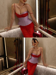Purple Corset Fake Layer Bra Vest And Irregular Hem Red Skirt Set