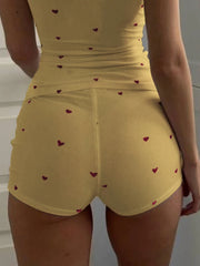 Heart Print Ribbed Tank Top And Boxer Shorts Set