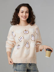 Halloween Fuzzy Ghost Pumpkin Pattern Sweater