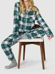 Plaid Print Long Sleeve Button Down Tops And Elastic Waist Pants Christmas Pajama Set
