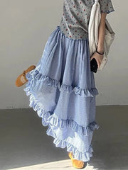 Blue Ruffles Plaid Long Skirt - Preppy A-Line