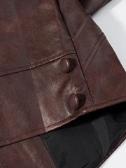 Brown Pu Leather Lapel Button Spliced Pocket Jacket