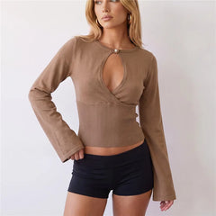 Keyhole Cutout Knit Long Flare Sleeve Wrap Top