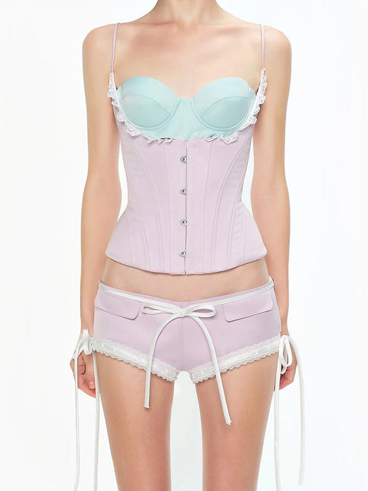 Pink Hook Blue Bustier Corset Strap Top