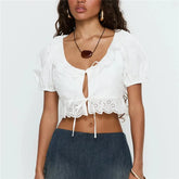 Lace Trim Puff Sleeve Tie Up Front Crop Top