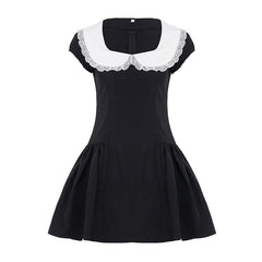 Black Peter Pan Collar Short Sleeve A-line Mini Dress
