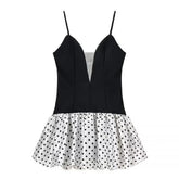 Black Patchwork Polka Dot Puff Hem Mini Dress