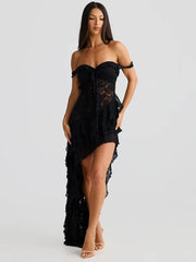 Lace Ruffle Irregular Open Back Midi Dress