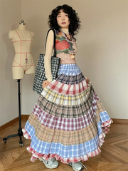 Plaid Patchwork Ruffles Maxi Skirt - Bohemian A-Line